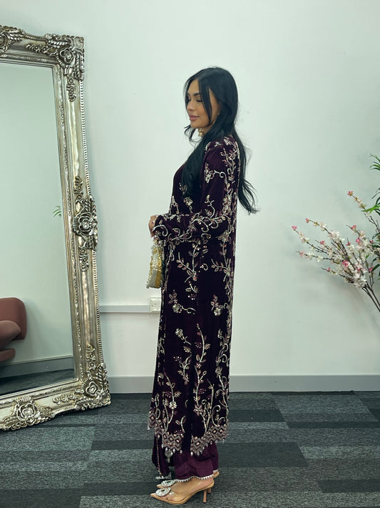 “Makhmal” Plum Velvet Cutdana - Party Wedding Outfit - AA