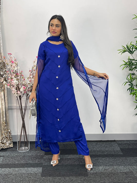 Blue - Floor Length Sleeves - Chiffon Outfit - T