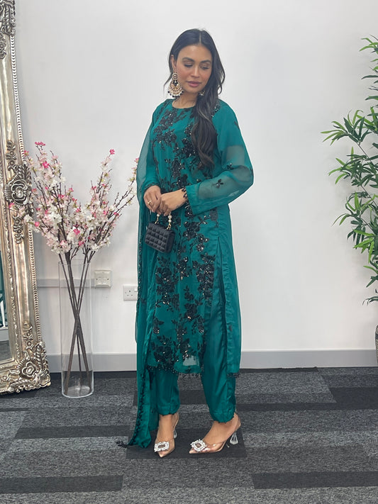 “Tooba” Green Chiffon Sitari - W