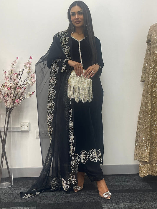 Chand Tara - Black Velvet with Organza dupatta