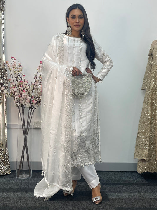 Tara - Korean Silk Cut Dana - Party Wear - CutWork - White - taara -