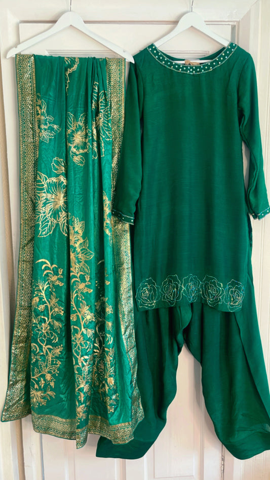 Mannat - Farshi Shalwar - Green - Hand painted Dupatta