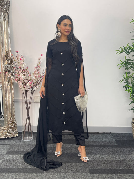 Black - Floor Length Sleeves - Chiffon Outfit - T