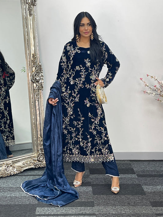 “Makhmal” Navy Velvet Cutdana -