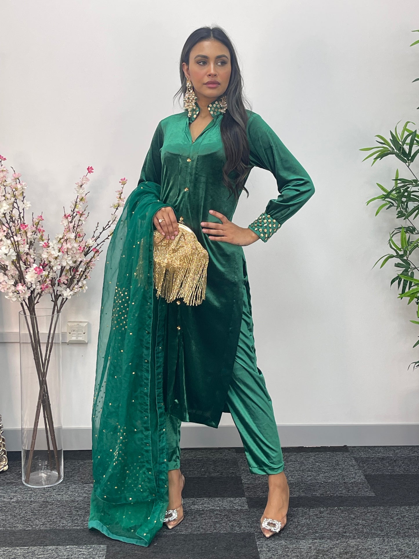 Sona l Green Silk Velvet - Party Outfit l AA
