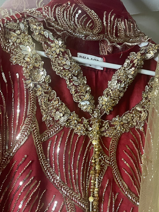 Jhumka - Red - Maroon Cutdana Net