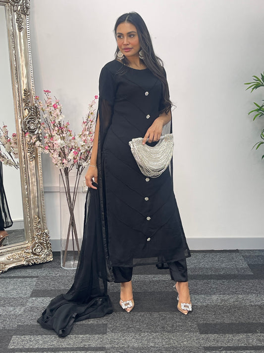 Black - Floor Length Sleeves - Chiffon Outfit - T