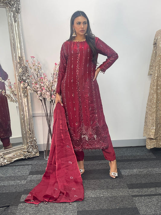 Tara - Korean Silk Cut Dana - Party Wear - CutWork - Maroon - taara