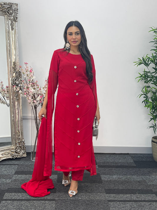 Red - Floor Length Sleeves - Chiffon Outfit - T