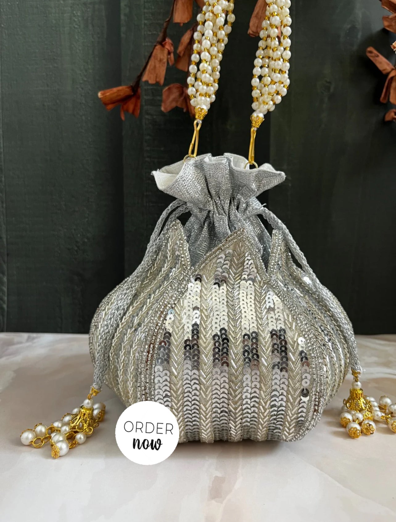 Silver Lotus Potli Bag