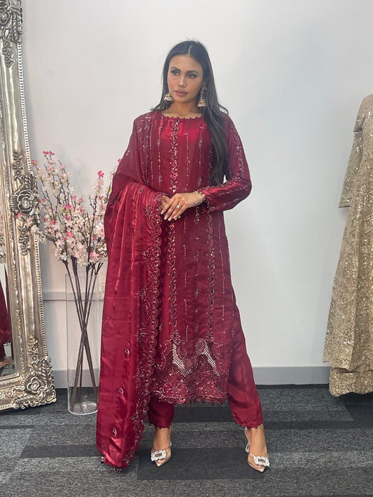 Tara - Korean Silk Cut Dana - Party Wear - CutWork - Maroon - taara