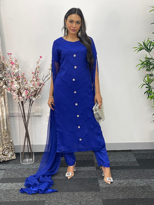 Blue - Floor Length Sleeves - Chiffon Outfit - T