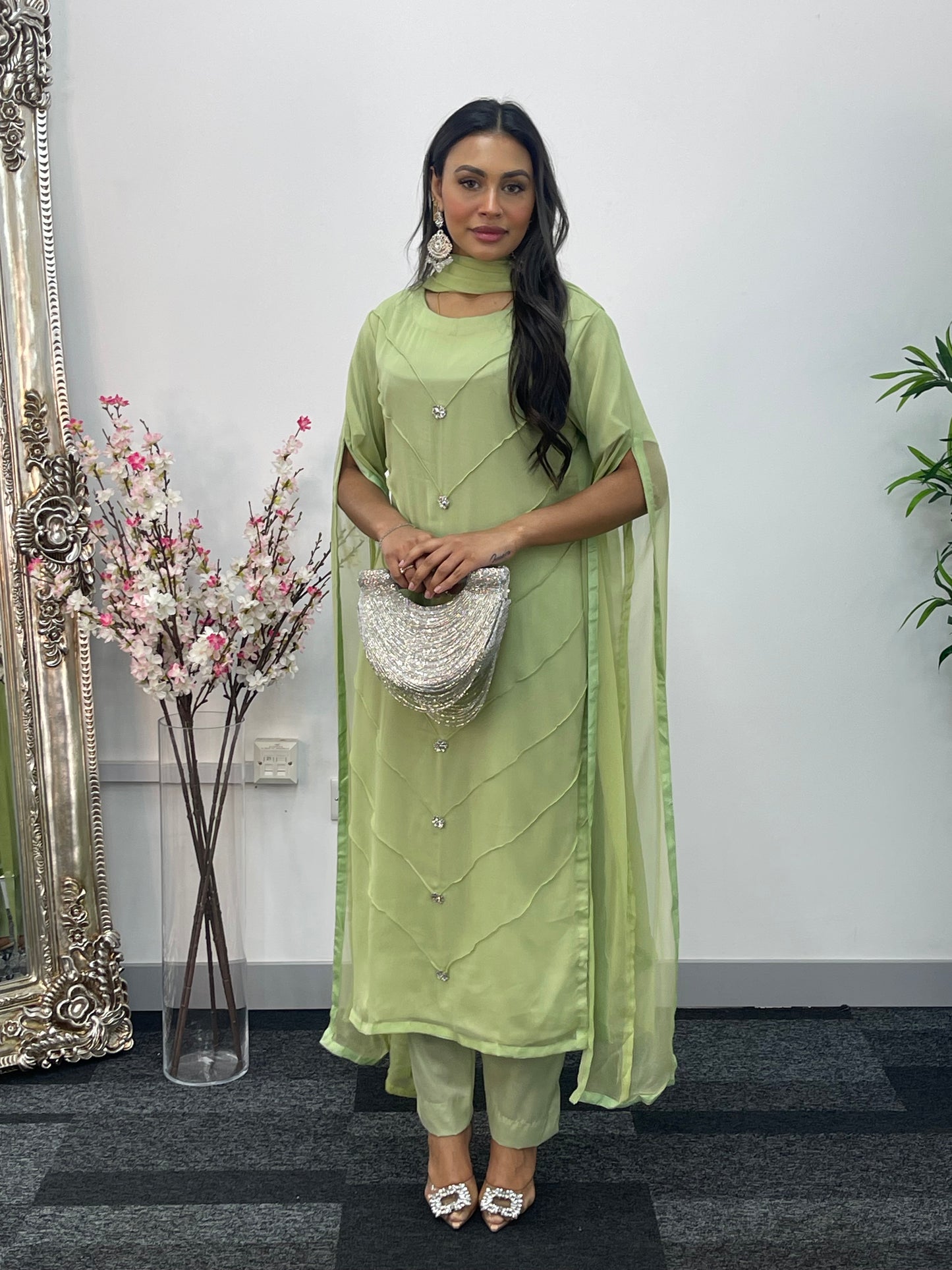 Green - Floor Length Sleeves - Chiffon Outfit - T