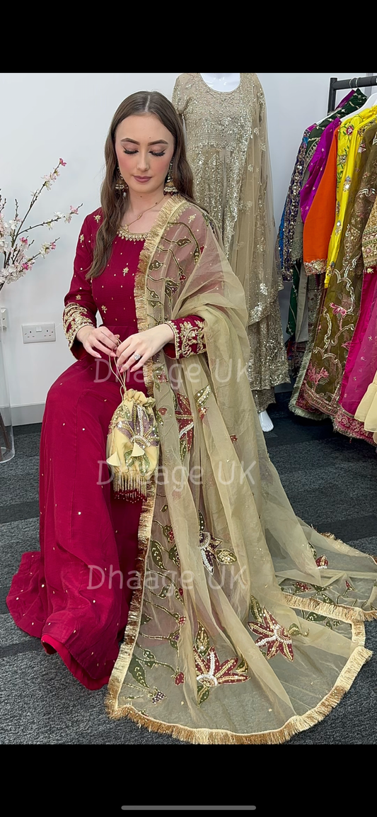 (Pre Order 3/4 Weeks) “GUL BANO” - Hand Painted Dupatta with Hand Work -Anarkali - Maroon Gold - Noor