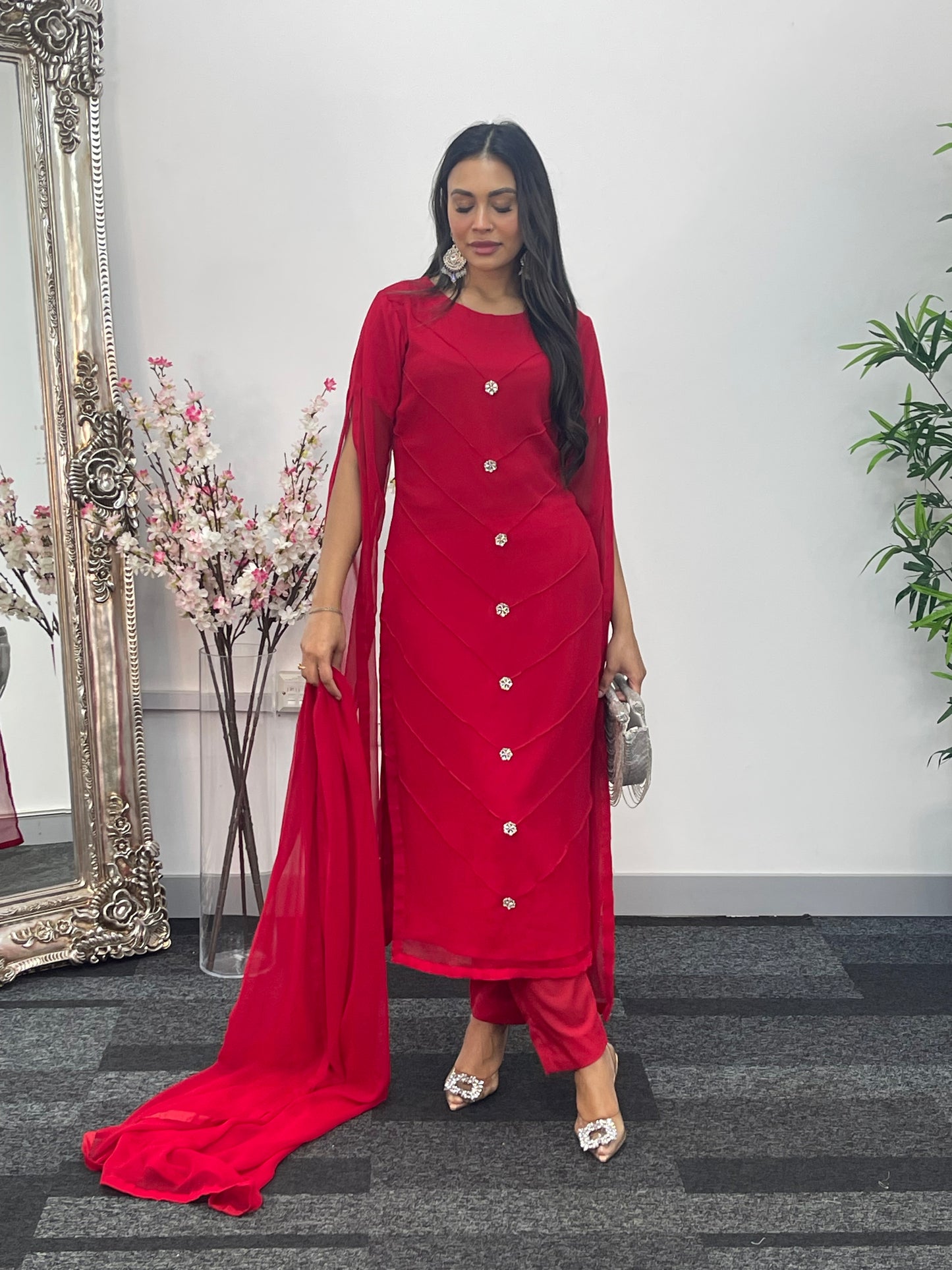 Red - Floor Length Sleeves - Chiffon Outfit - T