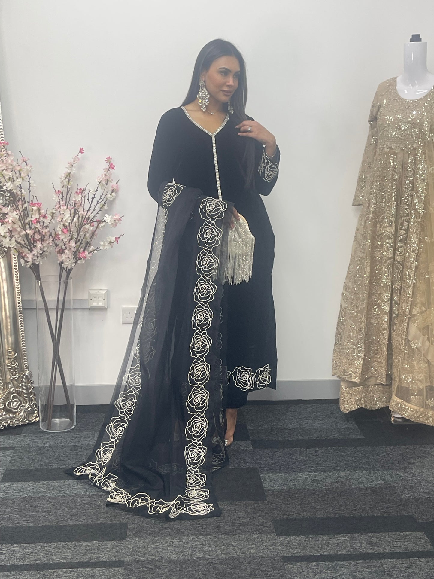 Chand Tara - Black Velvet with Organza dupatta