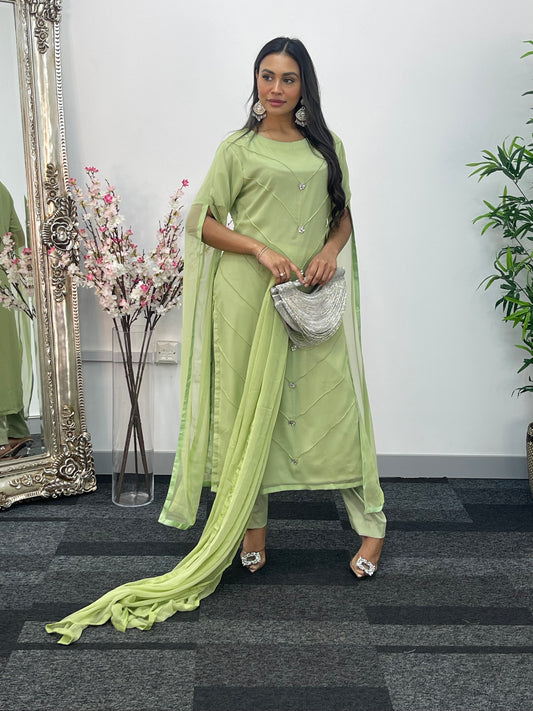 Green - Floor Length Sleeves - Chiffon Outfit - T