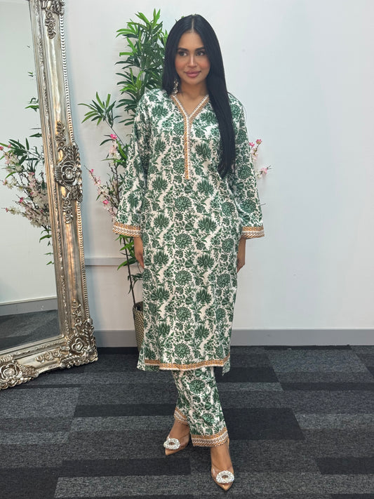 Daily Wear - 2 PC Printed Linen - Green
