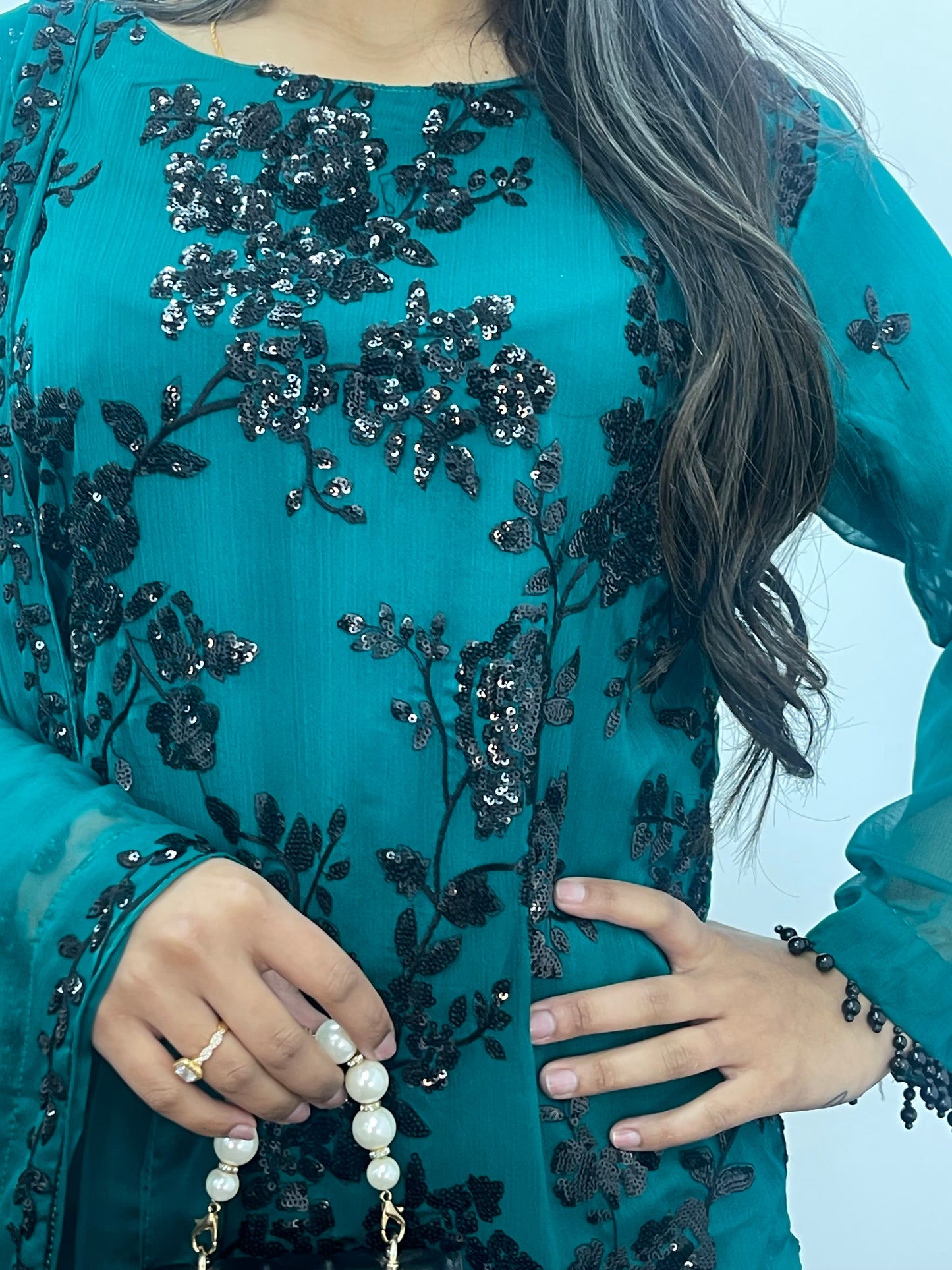 “Tooba” Green Chiffon Sitari - W