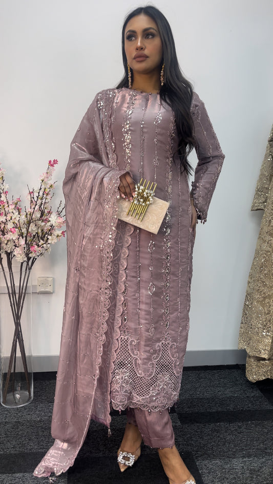 Tara - Korean Silk Cut Dana - Party Wear - CutWork - Pink - taara