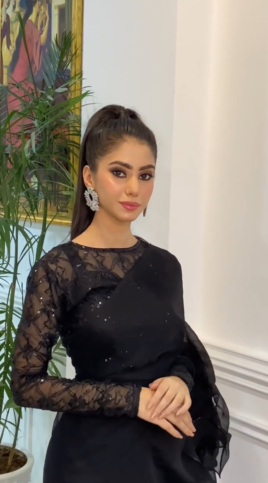 (Preorder 4 Weeks) Ruffled Sequin saree - Black Sari -