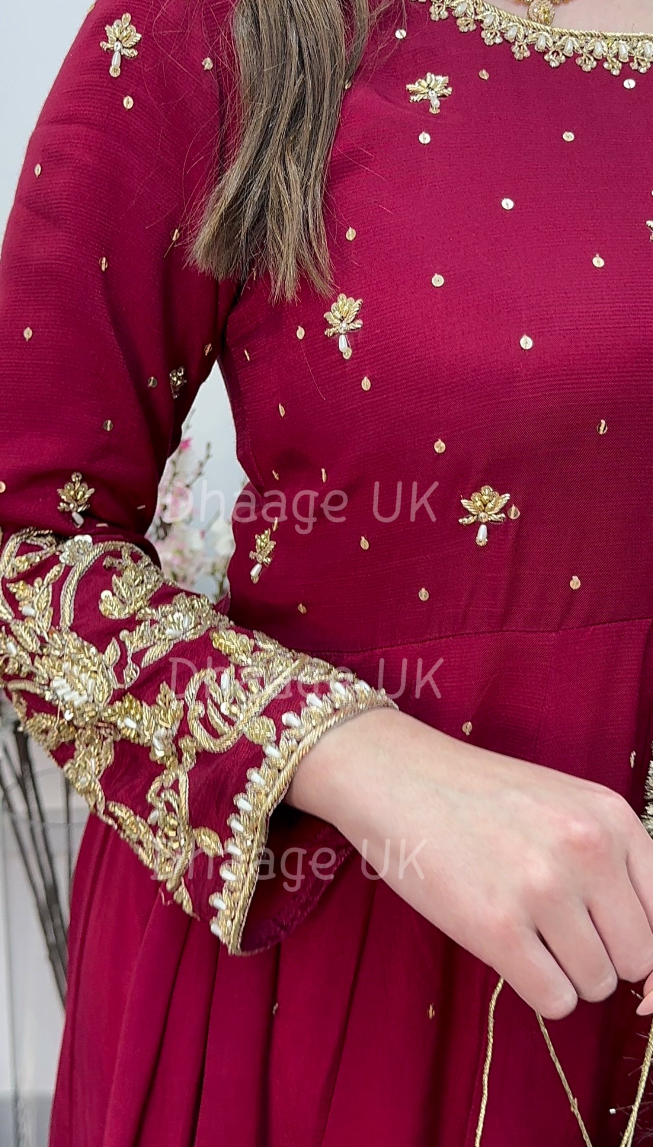 (Pre Order 3/4 Weeks) “GUL BANO” - Hand Painted Dupatta with Hand Work -Anarkali - Maroon Gold - Noor