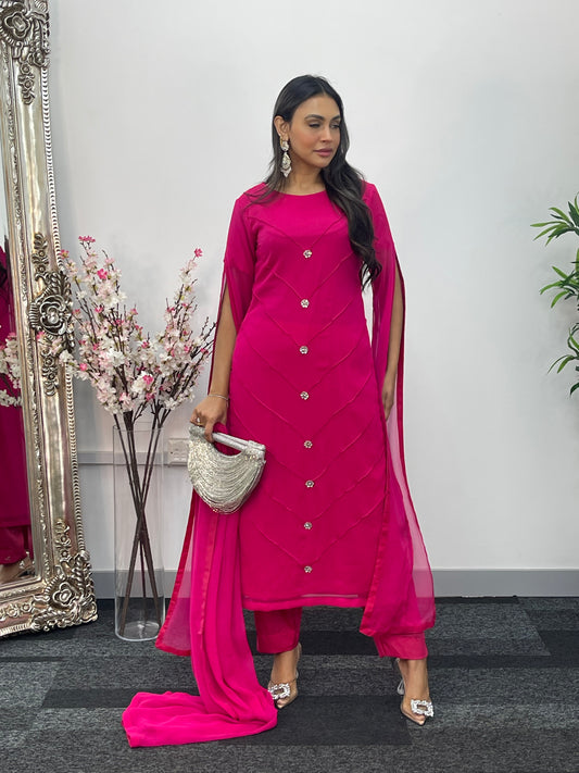 Hot Pink - Floor Length Sleeves - Chiffon Outfit - T