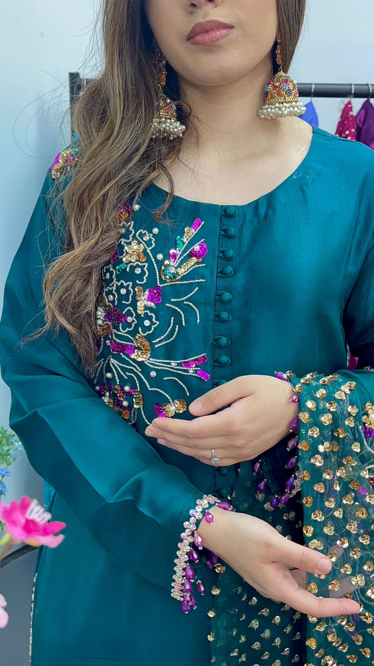 Phul Jhari - 80grams Raw Silk - Pure Organza Dupatta- Teal Pret -