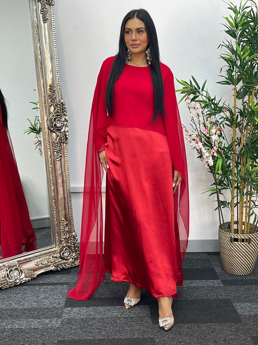 Cape Shawl Dress - Silk Chiffon - Red