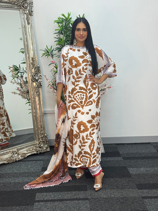 Swiss silk printed kaftan style dress - Brown Kaftaan - 3pc