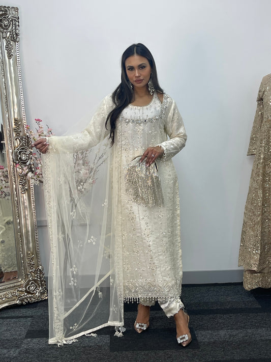 Ronaq- Korean Silk Cut Dana - Party Wear - White - Ivory -