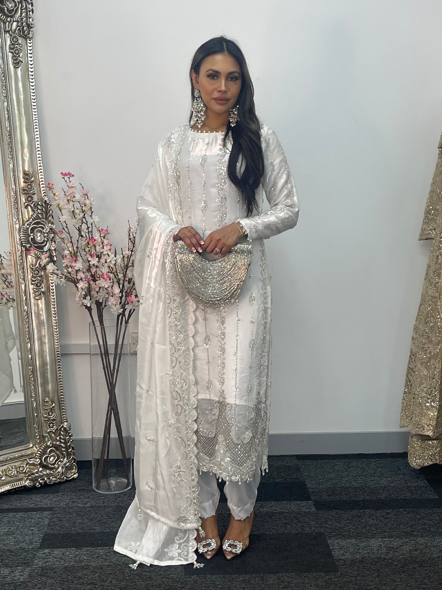 Tara - Korean Silk Cut Dana - Party Wear - CutWork - White - taara -