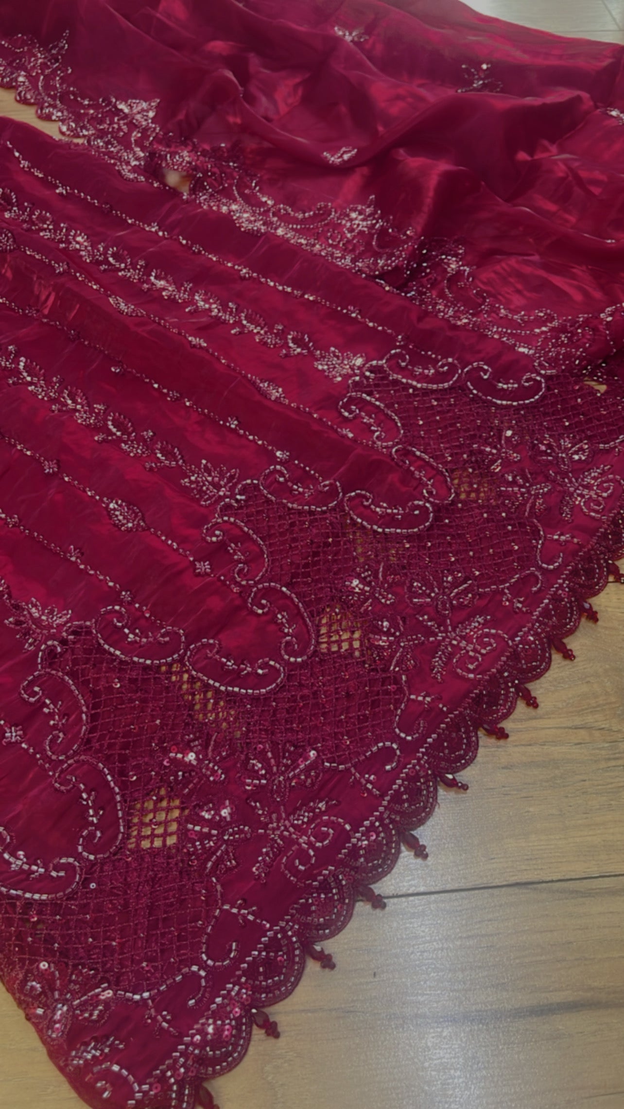 Tara - Korean Silk Cut Dana - Party Wear - CutWork - Maroon - taara