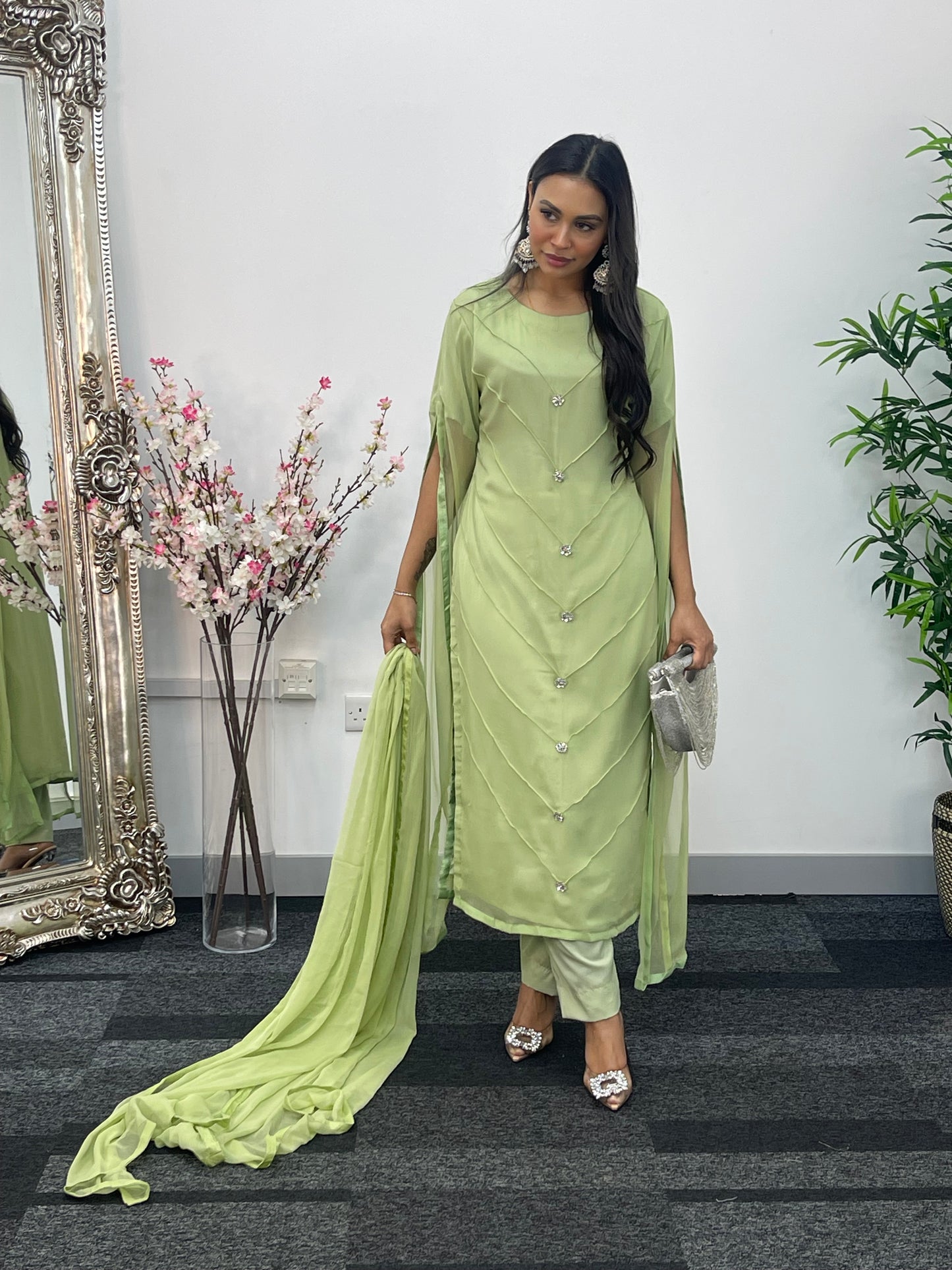 Green - Floor Length Sleeves - Chiffon Outfit - T