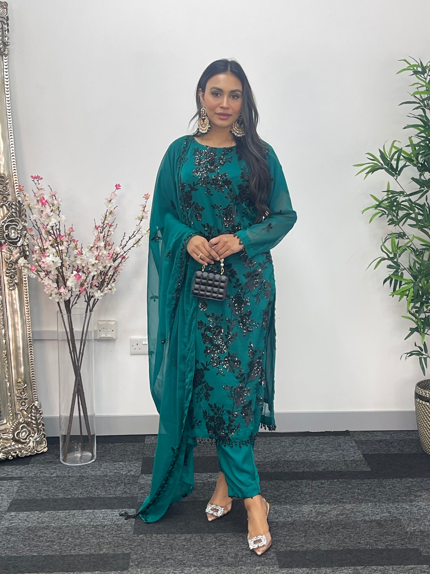 “Tooba” Green Chiffon Sitari - W