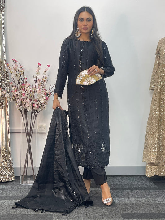 Tara - Korean Silk Cut Dana - Party Wear - CutWork - Black - taara