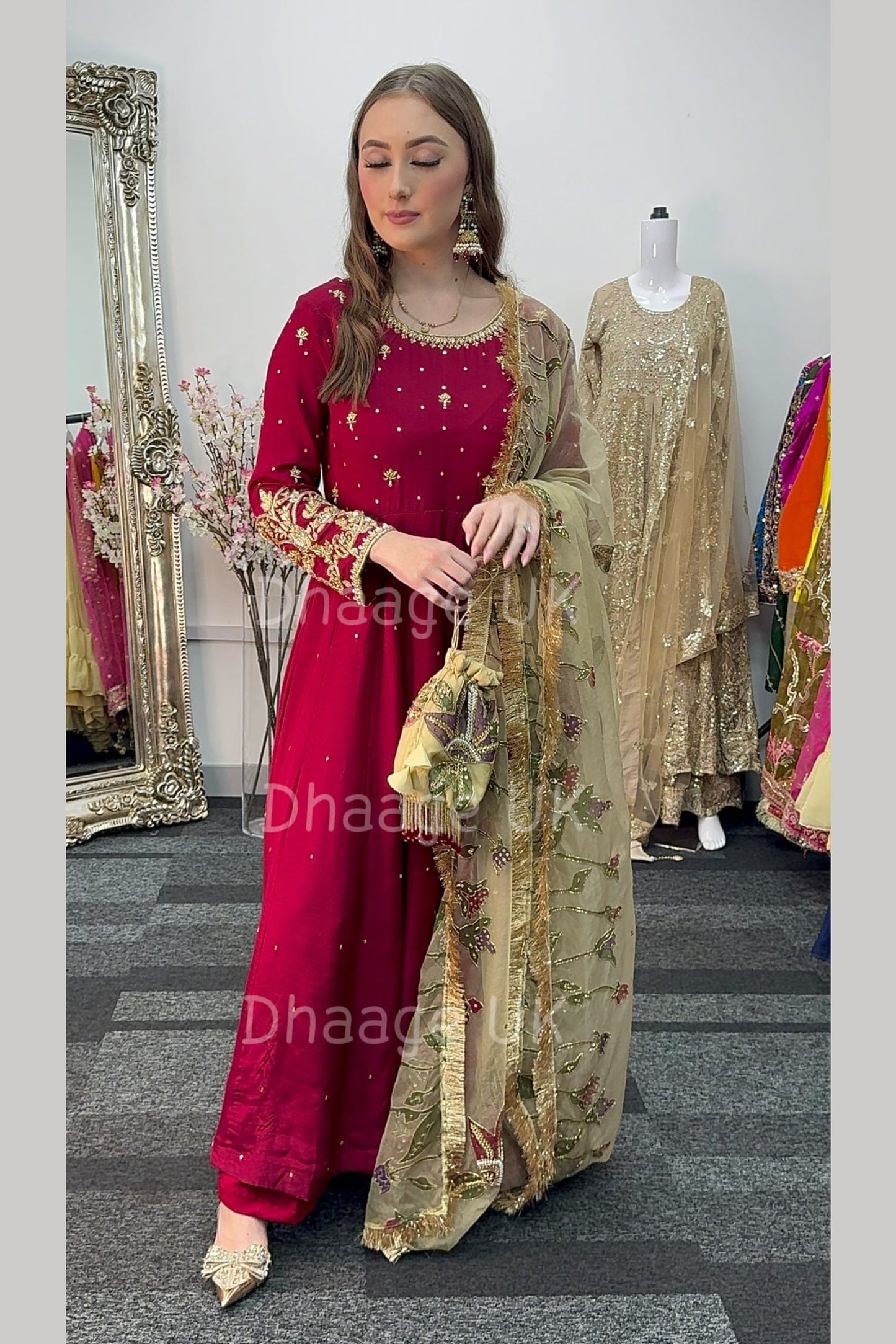 (Pre Order 3/4 Weeks) “GUL BANO” - Hand Painted Dupatta with Hand Work -Anarkali - Maroon Gold - Noor