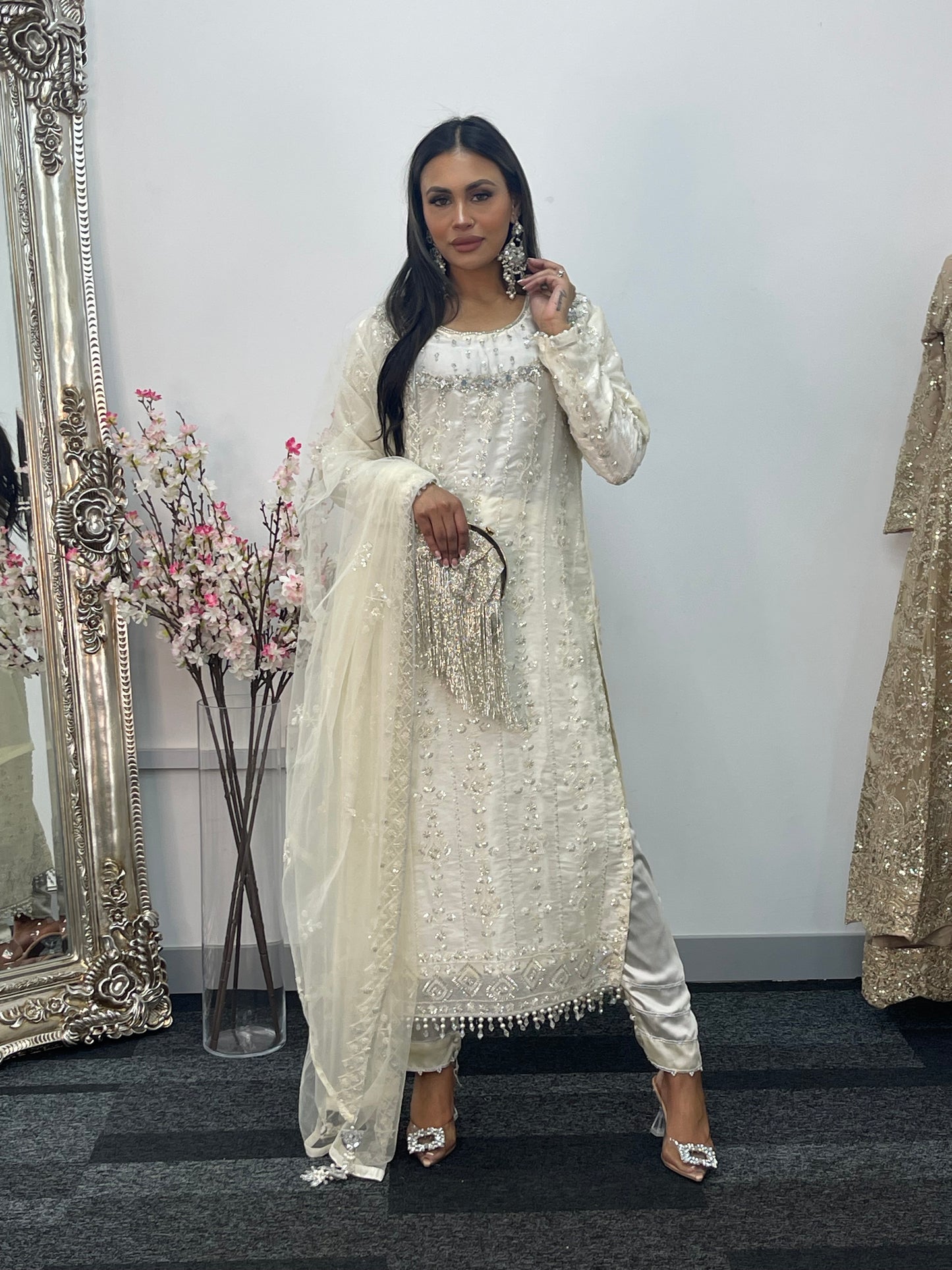 Ronaq- Korean Silk Cut Dana - Party Wear - White - Ivory -