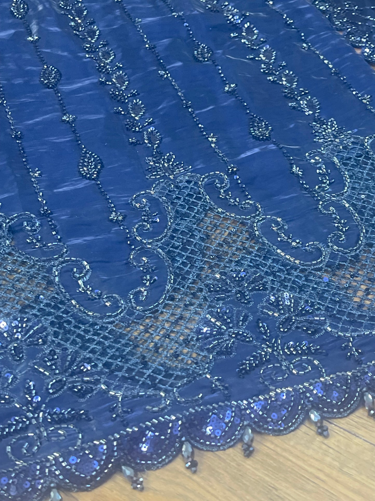 Tara - Korean Silk Cut Dana - Party Wear - CutWork - Navy Blue - taara