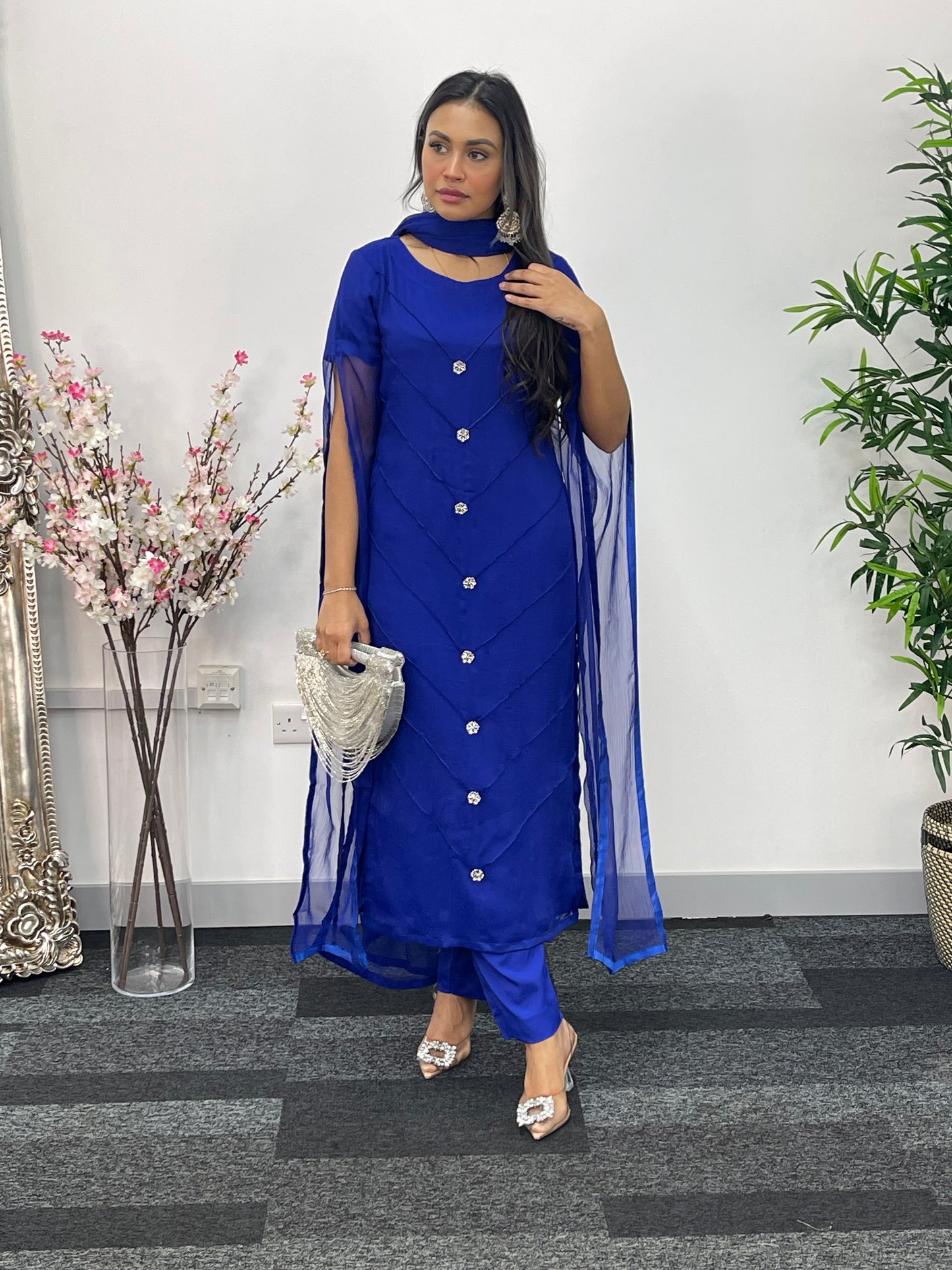 Blue - Floor Length Sleeves - Chiffon Outfit - T