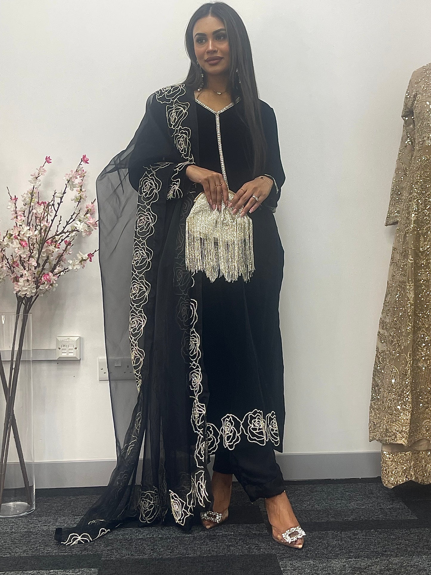 Chand Tara - Black Velvet with Organza dupatta
