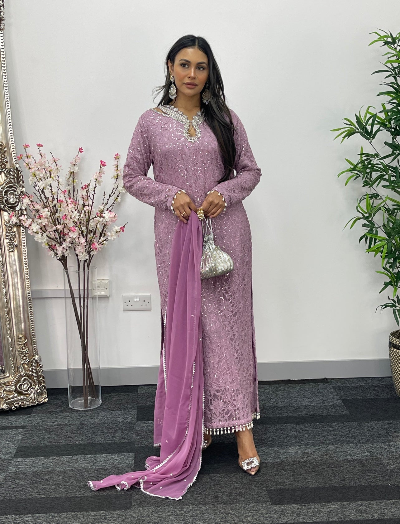 Chantilly Pink - Silver Party Wear - Sequined Net - V