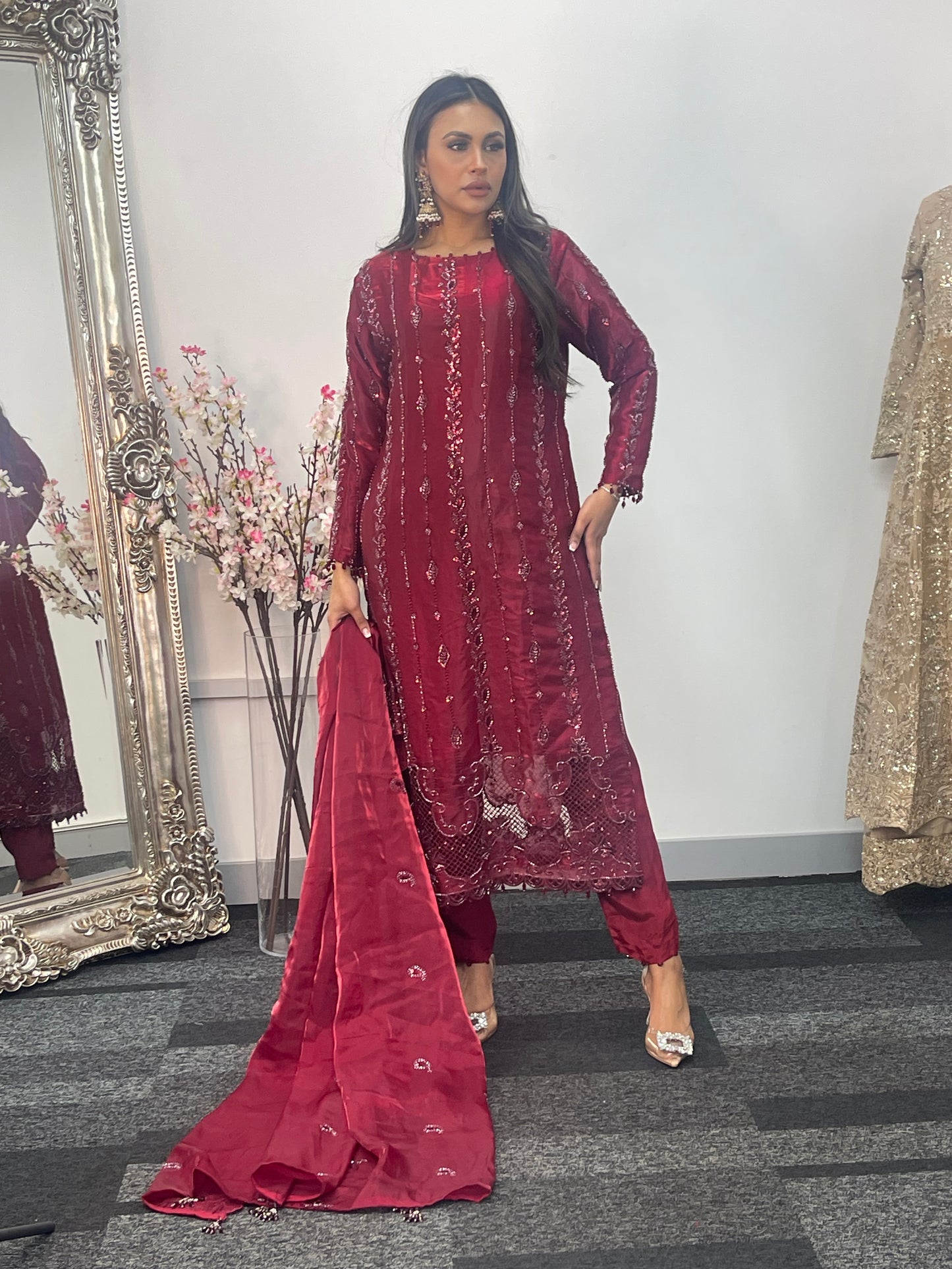 Tara - Korean Silk Cut Dana - Party Wear - CutWork - Maroon - taara