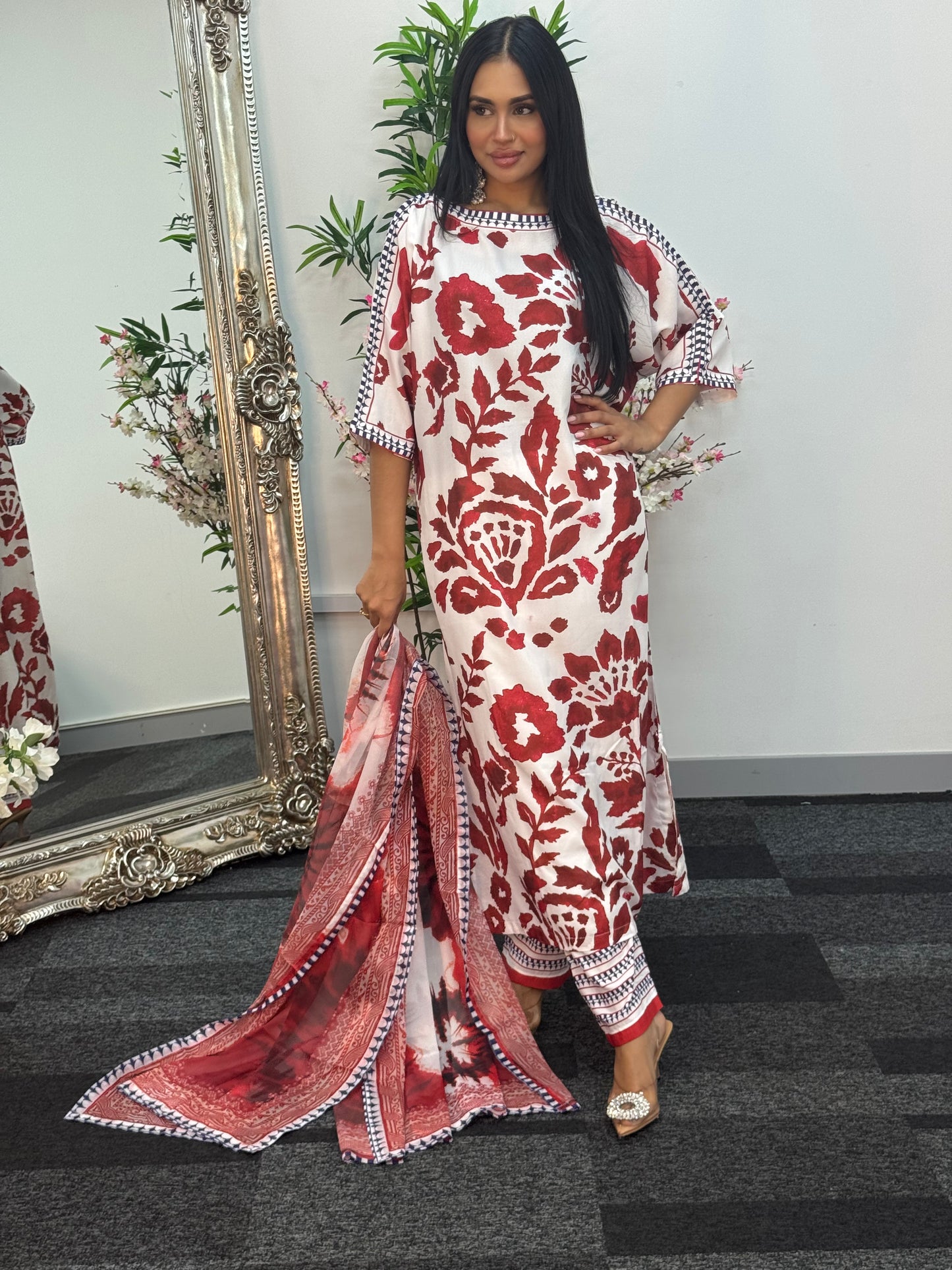 Swiss silk printed kaftan style dress - Red Kaftaan - 3pc