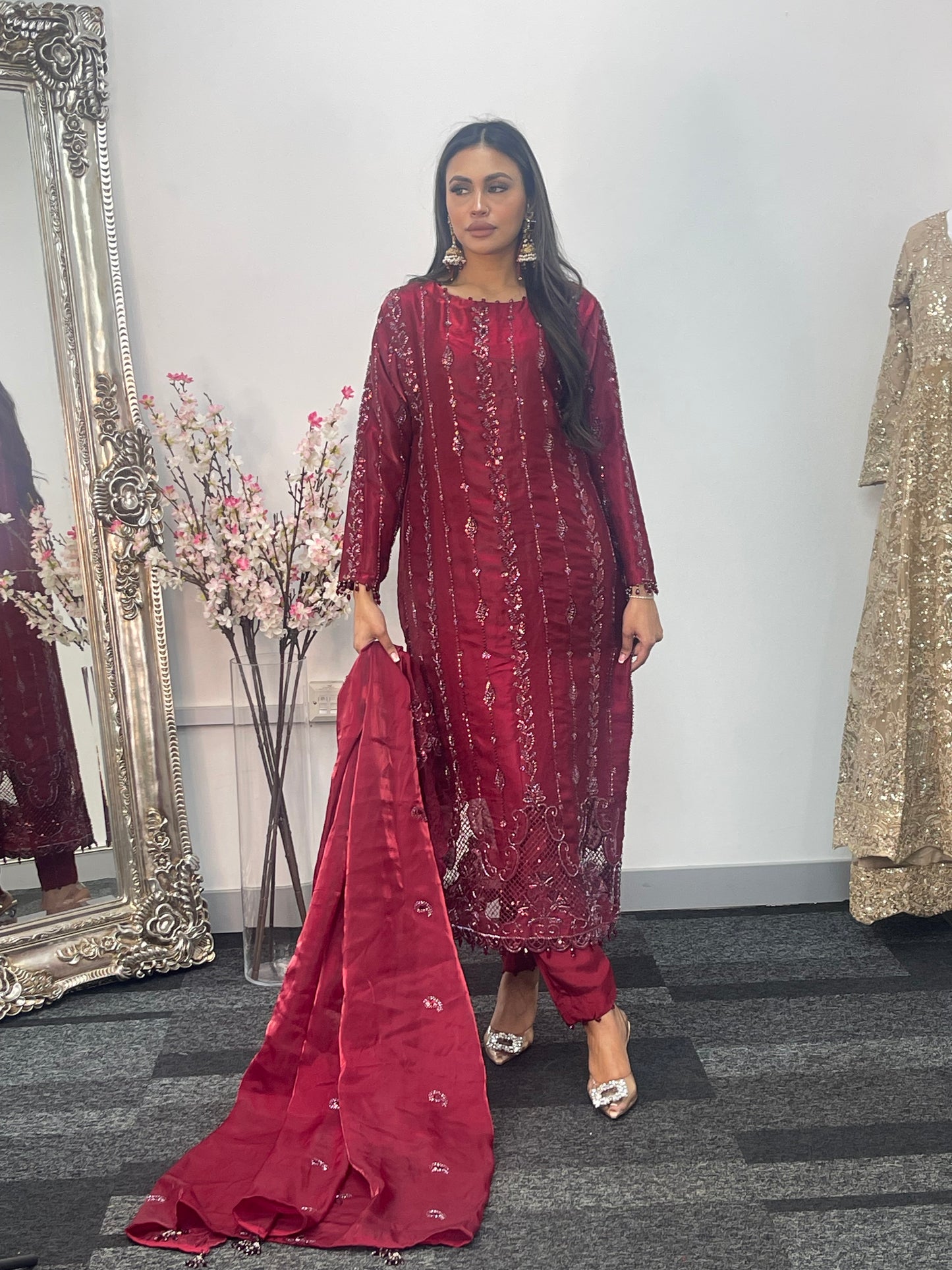 Tara - Korean Silk Cut Dana - Party Wear - CutWork - Maroon - taara