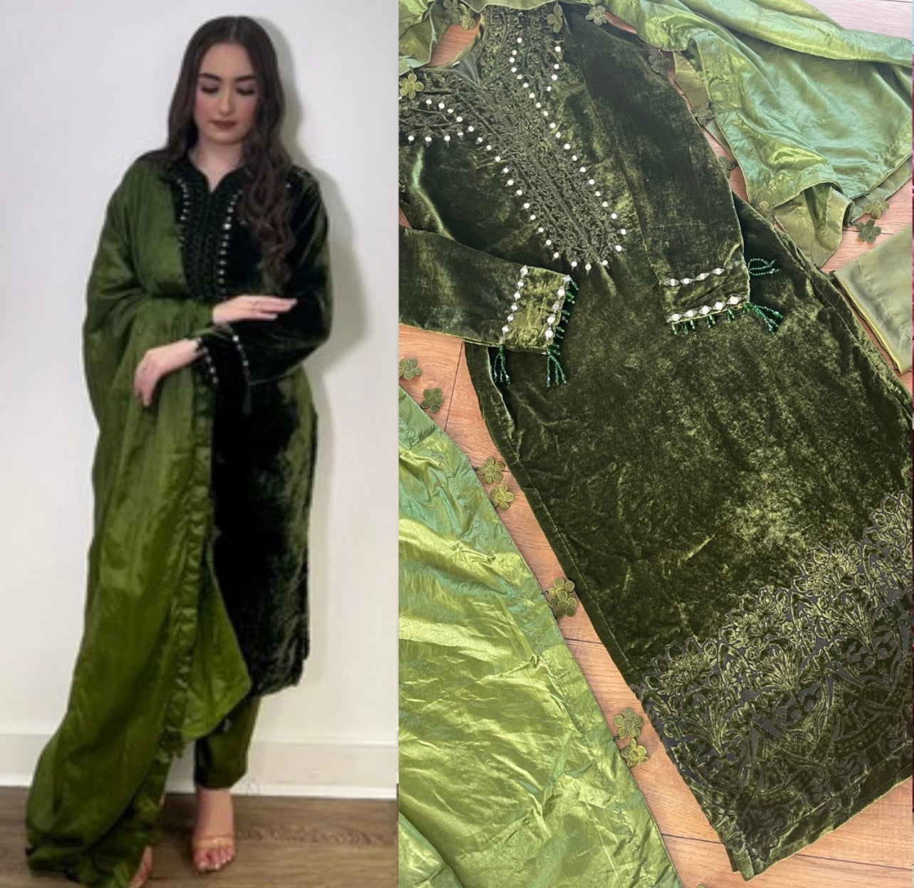 Olivia - Sheesha X Velvet Olive Green Plachi Daman with silk dupatta winter