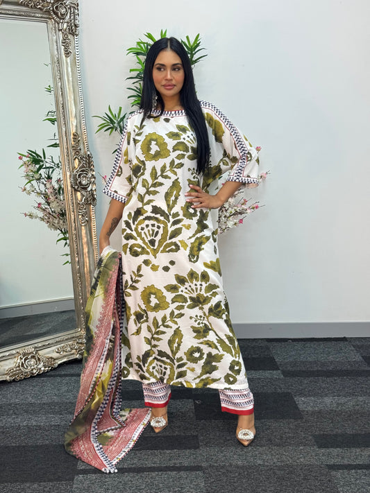 Swiss silk printed kaftan style dress - Green Kaftaan - 3pc