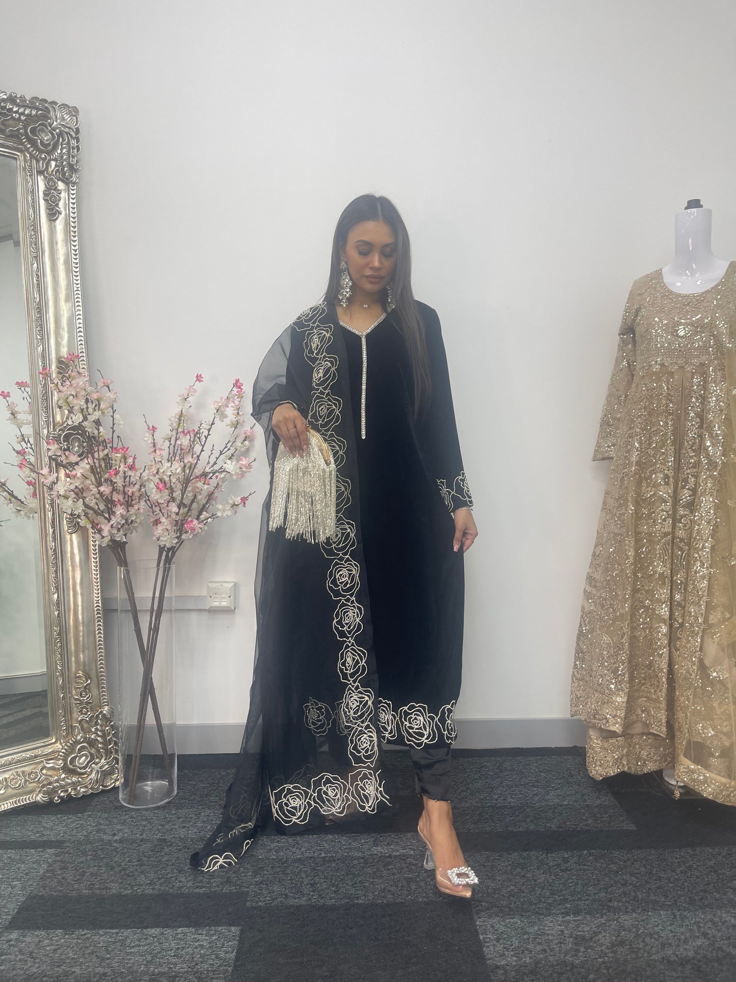 Chand Tara - Black Velvet with Organza dupatta