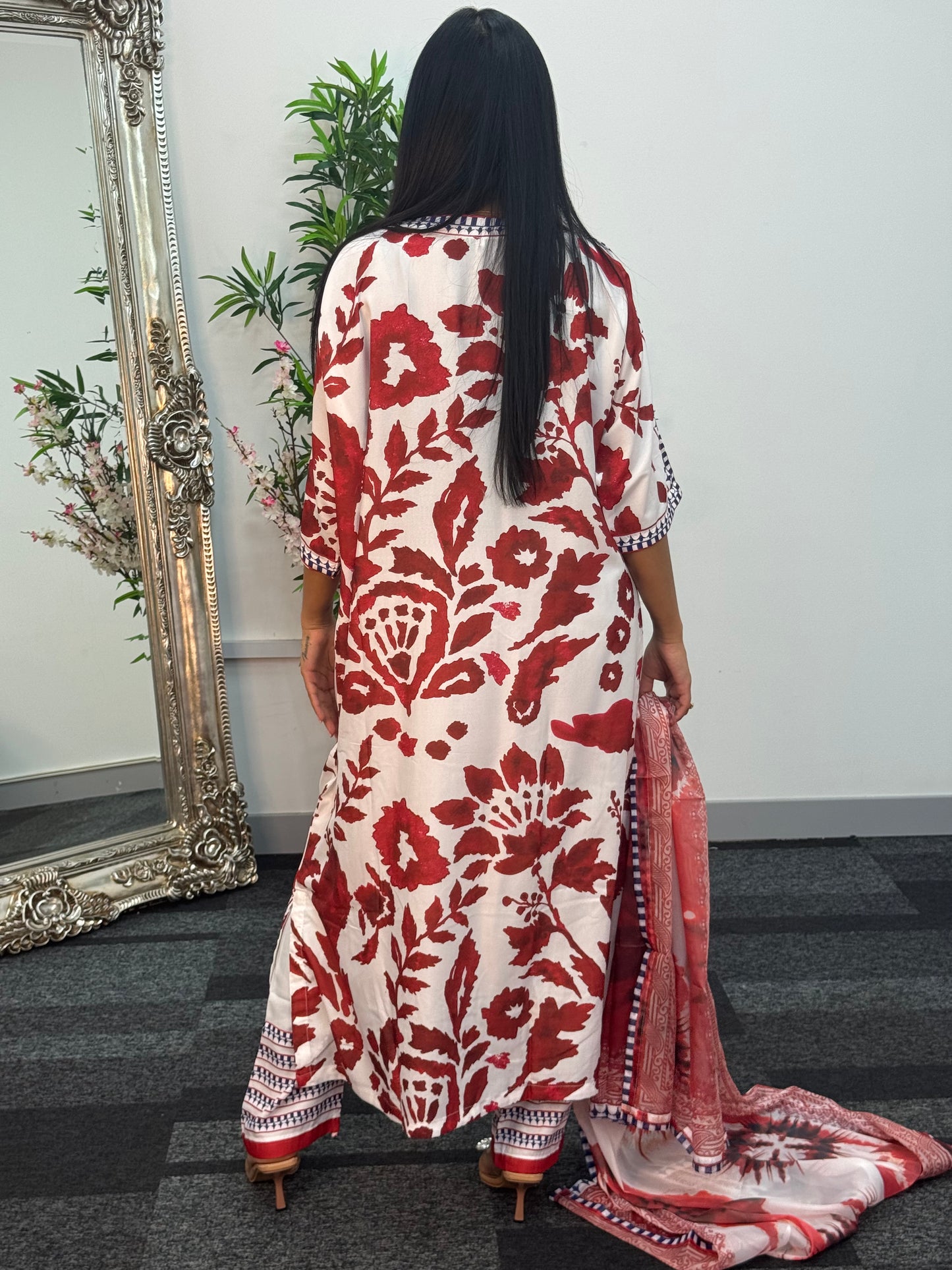 Swiss silk printed kaftan style dress - Red Kaftaan - 3pc