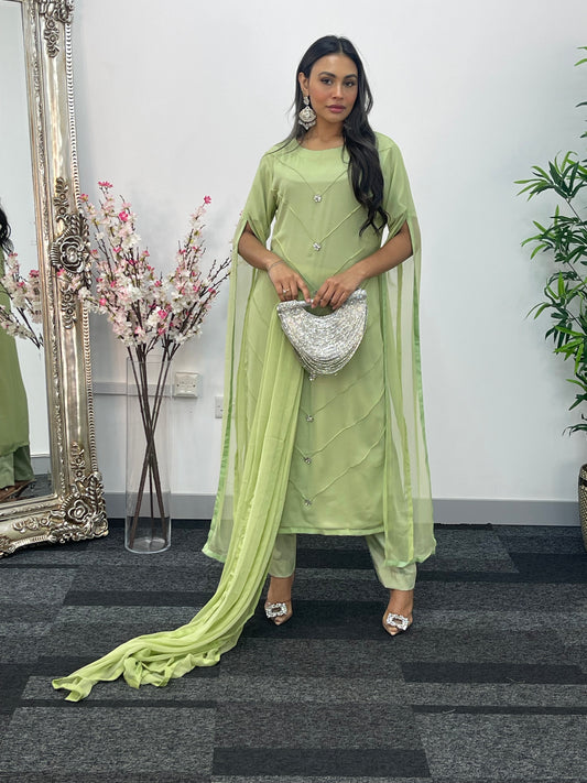 Green - Floor Length Sleeves - Chiffon Outfit - T